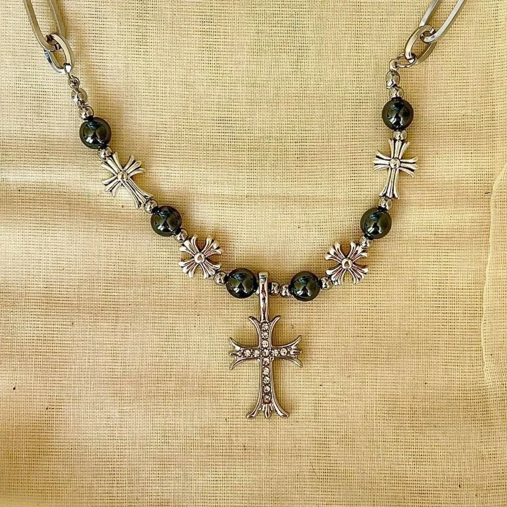 Pearl silver cross pendant necklace.  y2k grunge chrome.  Men/Women
